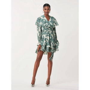 Diane Von Furstenberg Silk Wrap Mini Dress Green Floral Ruffle Simone DVF L
